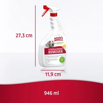 Spray Nature's Miracle Stain & Odour Remover, altezza 27,3 cm, larghezza 11,9 cm, capacità 946 ml. Etichetta visibile con testo in inglese e immagine di cane.