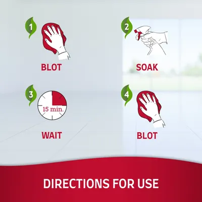 Gebruiksaanwijzing in vier stappen: 1. Deppen, 2. Sprayen, 3. 15 min. wachten, 4. Opnieuw deppen. Tekst in het Engels: BLOT, SOAK, WAIT, BLOT, DIRECTIONS FOR USE.