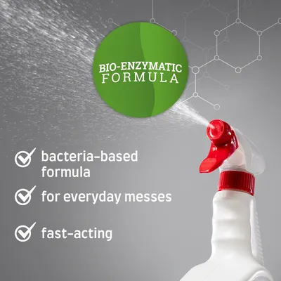 BIO-ENZYMATIC FORMULA, bacteria-based formula, for everyday messes, fast-acting. Tekst in het Engels zichtbaar op afbeelding van een sprayfles met rode sproeikop.