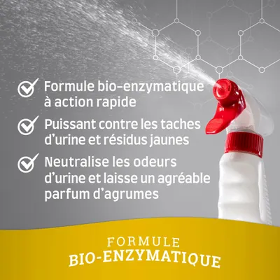 Formule bio-enzymatique à action rapide, puissant contre les taches d’urine et résidus jaunes, neutralise les odeurs d’urine et laisse un parfum d’agrumes. Formule bio-enzymatique.