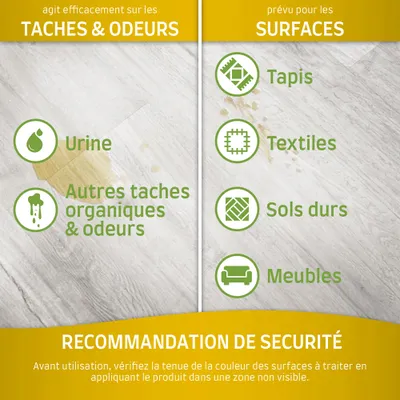 Agit sur taches et odeurs : urine, autres taches organiques. Prévu pour tapis, textiles, sols durs, meubles. Recommandation de sécurité : tester la couleur sur une zone non visible.