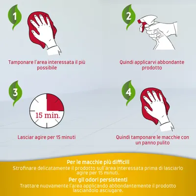 Istruzioni illustrate: 1 tamponare l’area, 2 applicare abbondante prodotto, 3 lasciare agire 15 min, 4 tamponare con panno pulito. Testo aggiuntivo per macchie difficili e odori persistenti.