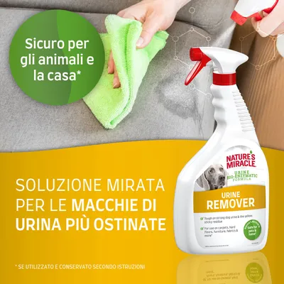 Nature's Miracle Urine Remover, soluzione mirata per le macchie di urina più ostinate. Sicuro per gli animali e la casa se utilizzato secondo istruzioni. Flacone spray visibile.