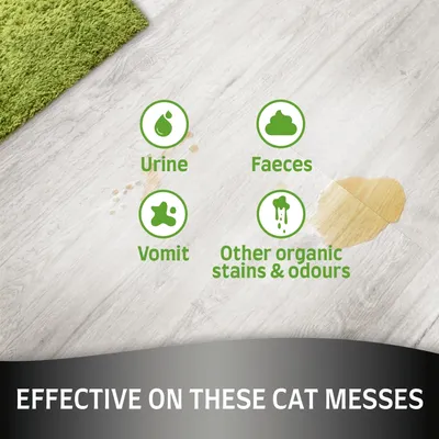 Text v angličtine: Urine, Faeces, Vomit, Other organic stains & odours. Effective on these cat messes.