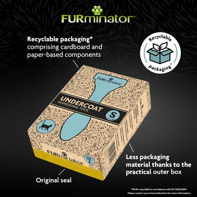 FURminator Undercoat deShedding Tool packaging with recyclable cardboard and paper-based components, original seal, less packaging material due to practical outer box.
