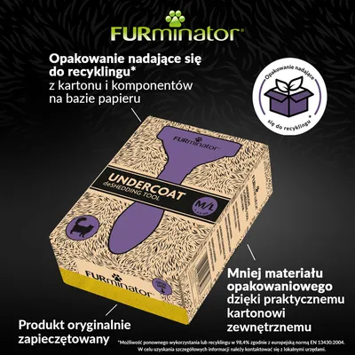 FURminator UNDERCOAT deSHEDDING TOOL M/L, opakowanie z kartonu nadające się do recyklingu, produkt oryginalnie zapieczętowany, mniej materiału opakowaniowego dzięki kartonowi zewnętrznemu