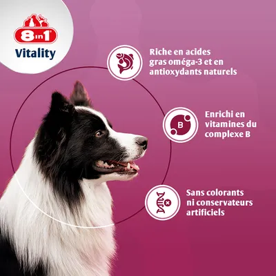 8 in 1 Vitality. Riche en acides gras oméga-3 et en antioxydants naturels. Enrichi en vitamines du complexe B. Sans colorants ni conservateurs artificiels.