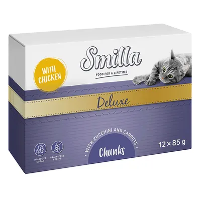 Smilla Deluxe Chunks mit Huhn, Zucchini und Karotten. Ohne Zuckerzusatz, getreidefreie Rezeptur. Packung enthält 12 x 85 g.