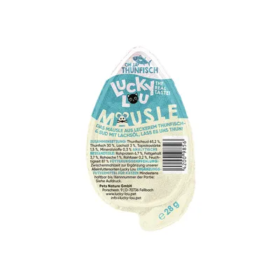 Lucky Lou Mousse con atún y aceite de salmón, composición: caldo de atún 65,2%, atún 30%, aceite de salmón 3%. Alimento complementario para gatos. Peso neto: 28g.