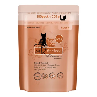 Catz Finefood Classic Nr. 25, kuře a tuňák, 300g Bigpack, vyrobeno v Německu, bez obilovin, bez přidaného cukru, bez testování na zvířatech, 93 % podíl masa.
