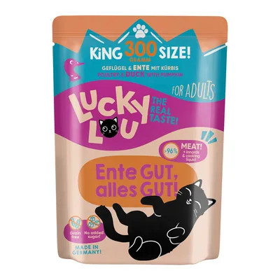 Lucky Lou Katzenfutter für Erwachsene, Geflügel & Ente mit Kürbis, 300g. Grain free, ohne Zuckerzusatz, Made in Germany, >96% Fleischanteil. Slogan: Ente GUT, alles GUT!