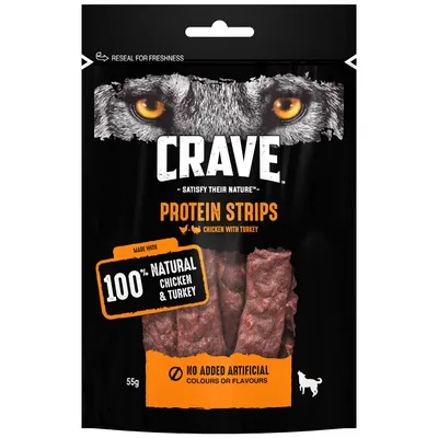 Protein strips made with 100% natural chicken and turkey, no added artificial colours or flavours. Resealable pack, 55g.