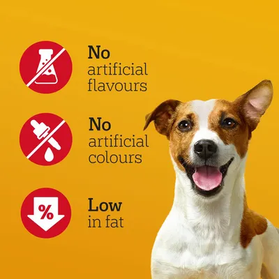 No artificial flavours, no artificial colours, low in fat. Three icons highlight these product features on a yellow background.