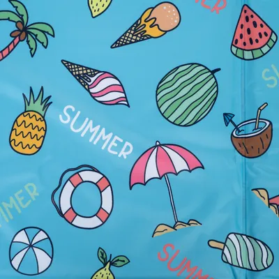 Summer motif with ice cream, watermelon, pineapple, sun umbrella, lifebuoy and coconut on blue background. Text 'SUMMER' visible multiple times.