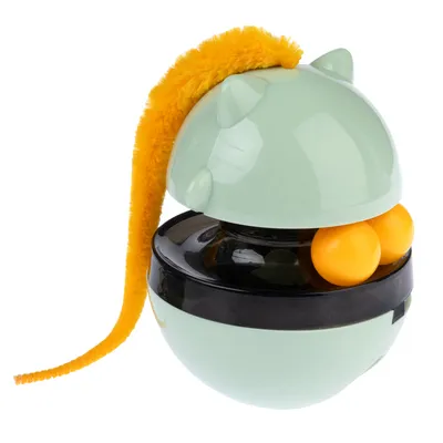 Toy in cat shape with green casing, yellow plush tail and three yellow balls. Suitable for interactive play.