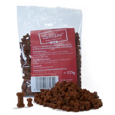 Chewies Lachsknochen mini, 125 g. Synliga ingredienser och näringsvärden på tyska: protein 32 %, fett 6 %, råaska 4 %, fuktighet 25 %. Små benformade godbitar synliga utanför förpackningen.