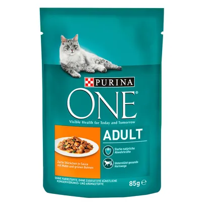 Purina ONE Adult kattenvoer, 85g. Zachte stukjes in saus met kip en groene bonen. Sterke natuurlijke afweer, ondersteunt gezonde urinewegen. Zonder kleurstoffen of kunstmatige conserveermiddelen.
