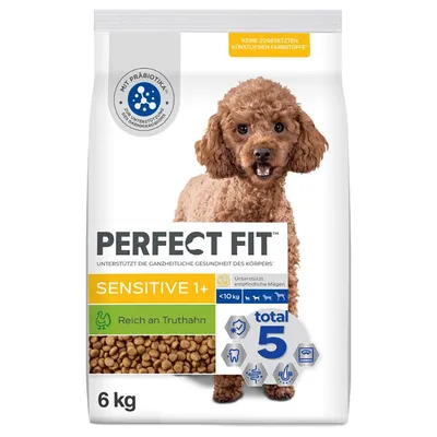 Sac de croquettes pour chien Perfect Fit Sensitive 1+, reich an Truthahn, total 5, <10 kg, 6 kg. Texte en allemand : mit Präbiotika, keine zugesetzten künstlichen Farbstoffe.