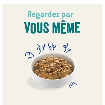 Bol avec de la nourriture humide, entouré de symboles bleus. Texte français : « Regardez par VOUS MÊME ».