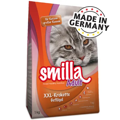 Упаковка корма для кошек smilla Adult XXL-Krokette Geflügel 1 кг, надписи: für Katzen großer Rassen, MADE IN GERMANY. Видна фотография кошки.