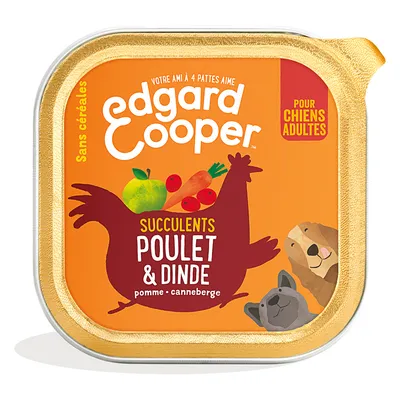 Edgard Cooper nourriture humide pour chiens adultes, saveur poulet et dinde avec pomme et cranberry, sans céréales.