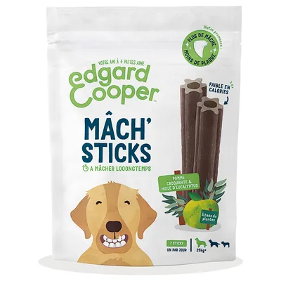 Edgard Cooper Mâch' Sticks, pomme et eucalyptus, végétal, 7 sticks, pour chiens à partir de 25 kg, faible en calories.