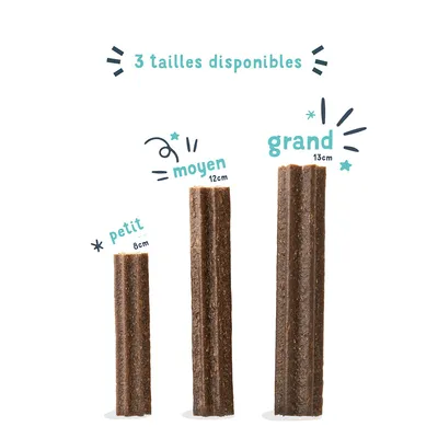 Trois tailles disponibles : petit 8 cm, moyen 12 cm, grand 13 cm. Représentation de trois sticks marron de différentes longueurs.