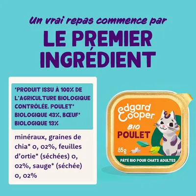 Edgard Cooper Bio Poulet, pâté pour chats adultes. Ingrédients : 43% poulet bio, 13% bœuf bio, graines de chia, feuilles d’ortie, sauge. 100% agriculture biologique contrôlée.