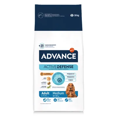 Advance Active Defense Adult Medium hundfoder, 18 kg. Med kyckling, prebiotika, probiotika och fibrer. För vuxna hundar 1–7 år, vikt 10–30 kg. Synlig bild på hund.