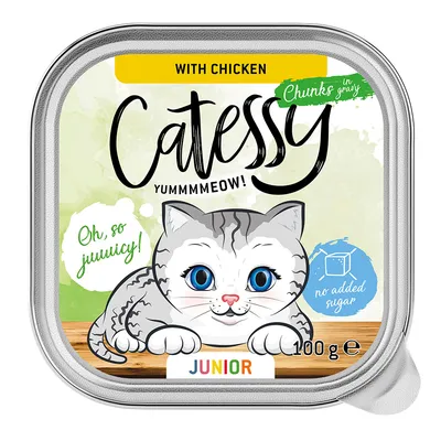 Catessy with chicken, Chunks in gravy, YUMMMMEOW!, Oh, so juuuicy!, no added sugar, JUNIOR, 100 g. Texte en anglais sauf 'JUNIOR'. Illustration de chaton gris aux yeux bleus.