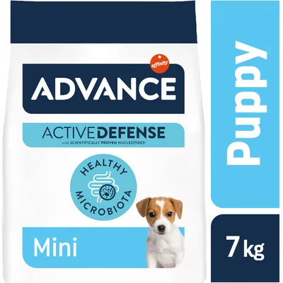 Confezione Advance Active Defense Mini Puppy 7 kg, scritte: Healthy Microbiota, affinity, con immagine di cane piccolo. Colori bianco e azzurro.