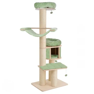 Cat tree with multiple levels, green cushions and hammock. Includes cave, resting areas and toy hanger.