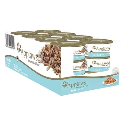 Pack de 6 boîtes Applaws Natural Cat Food, filet de thon. Texte visible : 100 % natural, TUNA FILLET, 70 g. Image de morceaux de thon sur l’emballage.