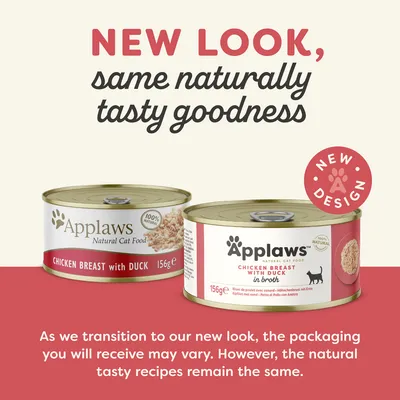 Announcement showing Applaws chicken breast with duck 156g tins in old and new packaging. Text: New look, same naturally tasty goodness. Packaging may vary but recipes remain the same.