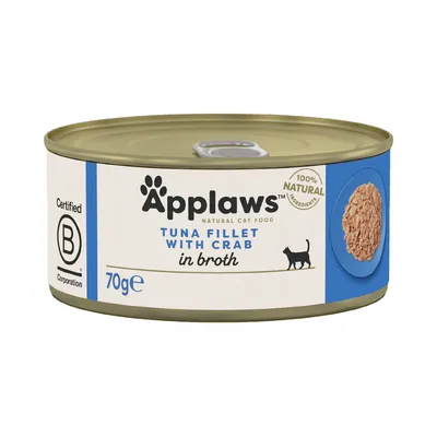 Applaws Natural Cat Food, tonfiskfilé med krabba i buljong, 70 g burk. Certifierad B Corporation, 100 % naturliga ingredienser.