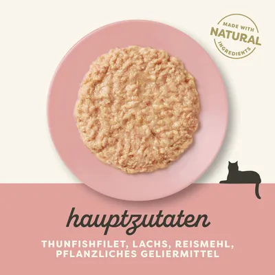 hauptzutaten : thunfishfilet, lachs, reismehl, pflanzliches geliermittel. Made with natural ingredients (texte en allemand et anglais).