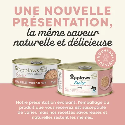 Une nouvelle présentation, la même saveur naturelle et délicieuse. Applaws Senior Natural Cat Food Tuna Fillet with Salmon 70g. Nouveau design. Recettes savoureuses et naturelles inchangées.