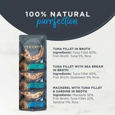 Encore Cat Pouch in Broth 10 x 50g - Fish Selection (3 Varieties)