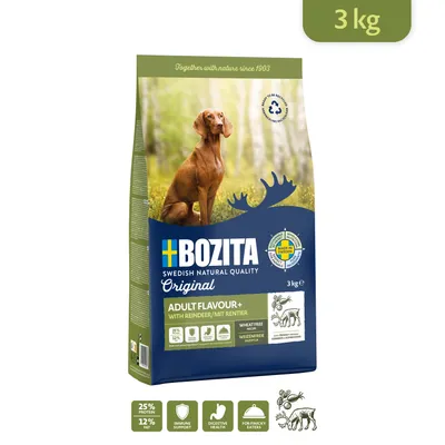 BOZITA Original Adult Flavour+ with Reindeer koiranruoka, 3 kg. Vehnätön. 25 % proteiinia, 12 % rasvaa. Swedish Natural Quality. Pakkauksessa kuva koirasta ja porosta.