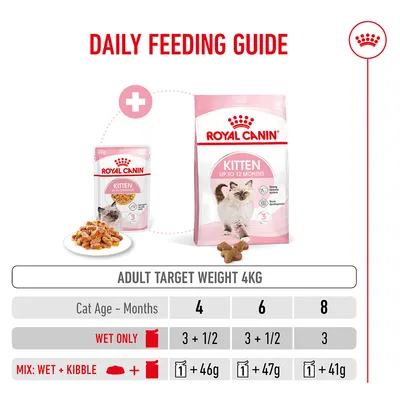 Feeding recommendation for Royal Canin Kitten up to 12 months, target weight 4 kg: wet food or a combination of wet and dry food depending on age in months (4, 6, 8).