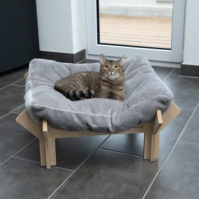 Graues Katzenbett mit Holzgestell, darauf eine getigerte Katze. Produkt von Natural Paradise sichtbar auf Gestell.