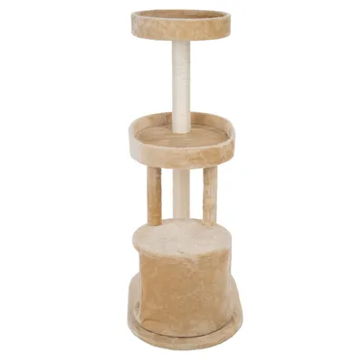 Kratzbaum mit drei Ebenen, beige, obere Plattform rund, mittlere und untere Plattform gepolstert, zentrale Kratzsäule aus Sisal.