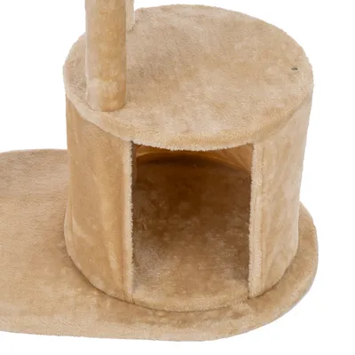Beige Katzenhöhle aus weichem Plüsch mit rundem Eingang und flacher Plattform oben.
