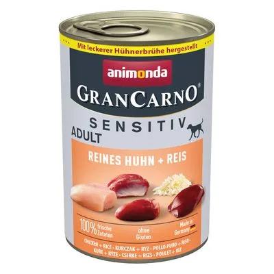 Blik Animonda GranCarno Sensitiv Adult, reines Huhn + Reis, 100% frisse Zutaten, ohne Gluten, Made in Germany. Afbeeldingen van kip, rijst en vlees op het etiket.
