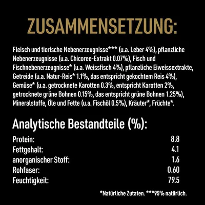 Zusammensetzung: Fleisch, tierische Nebenerzeugnisse, pflanzliche Zutaten. Analytische Bestandteile (%): Protein 8.8, Fettgehalt 4.1, Feuchtigkeit 79.5. Natürliche Zutaten, 95% natürlich.
