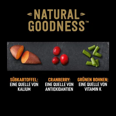 Natural Goodness: Süsskartoffel, eine Quelle von Kalium; Cranberry, eine Quelle von Antioxidantien; Grünen Bohnen, eine Quelle von Vitamin K.