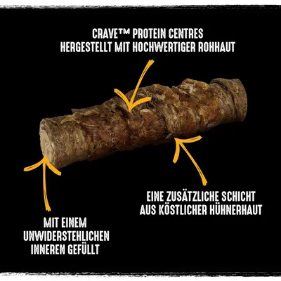 Crave Protein Centres, hergestellt mit hochwertiger Rohhaut, mit einem unwiderstehlichen inneren gefüllt, eine zusätzliche Schicht aus köstlicher Hühnerhaut. Texte en allemand.
