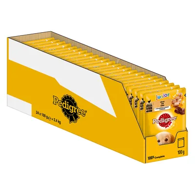 Pedigree Junior våtfoder, 24 x 100 g förpackning, 100% komplett, med fjäderfä i gelé. Gul förpackning med hundbild och produktinformation.