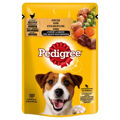 Pedigree piletina u umaku, bogata komadićima, s prirodnim sastojcima. 100% potpuna i uravnotežena.