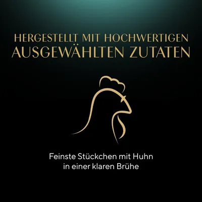 Hergestellt mit hochwertigen ausgewählten Zutaten. Feinste Stückchen mit Huhn in einer klaren Brühe.